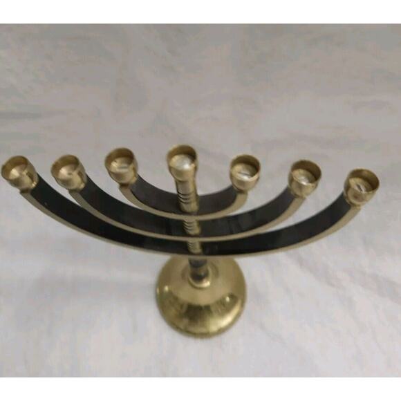 Small Brass And Black Menorah Seven Candle Etched Jerusalem Hanukkah - Picture 2 of 9